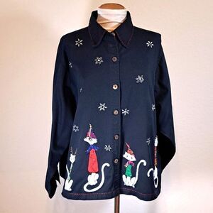 Dressbarn Woman Vintage Black Shirt Top Size 3X Cats Metallic Snowflakes Holiday